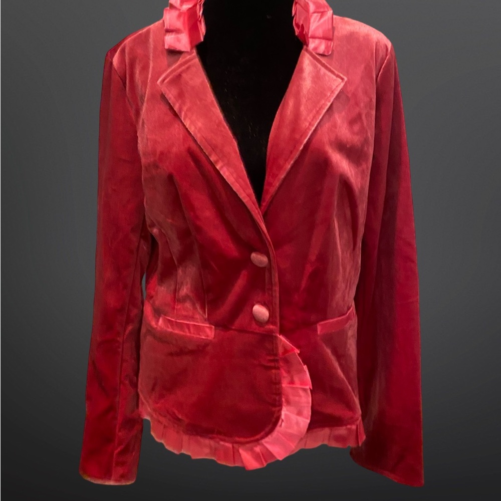 Dark Pink Velvet Blazer with Satin Pleated-Ruffle Trim
